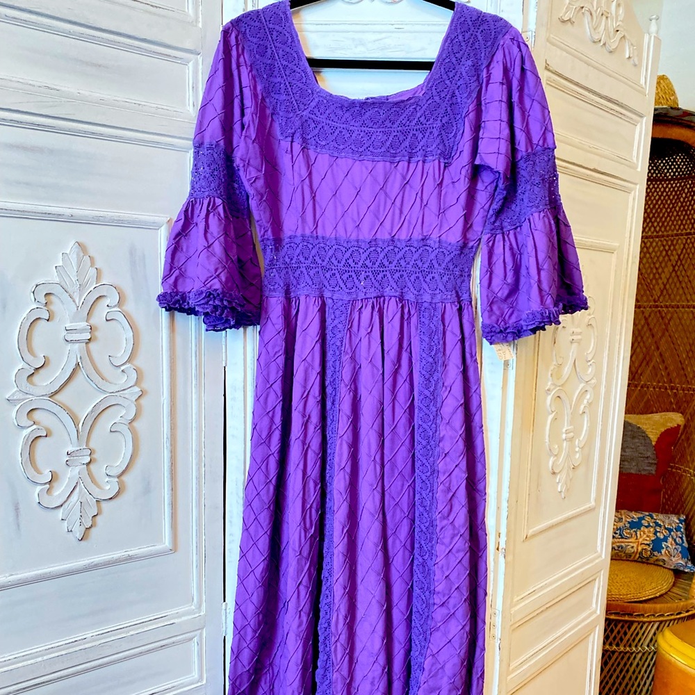 Vintage Purple Fairy Dress Pintuck Crochet Lace Mexican Wedding Maxi Size 8 M
